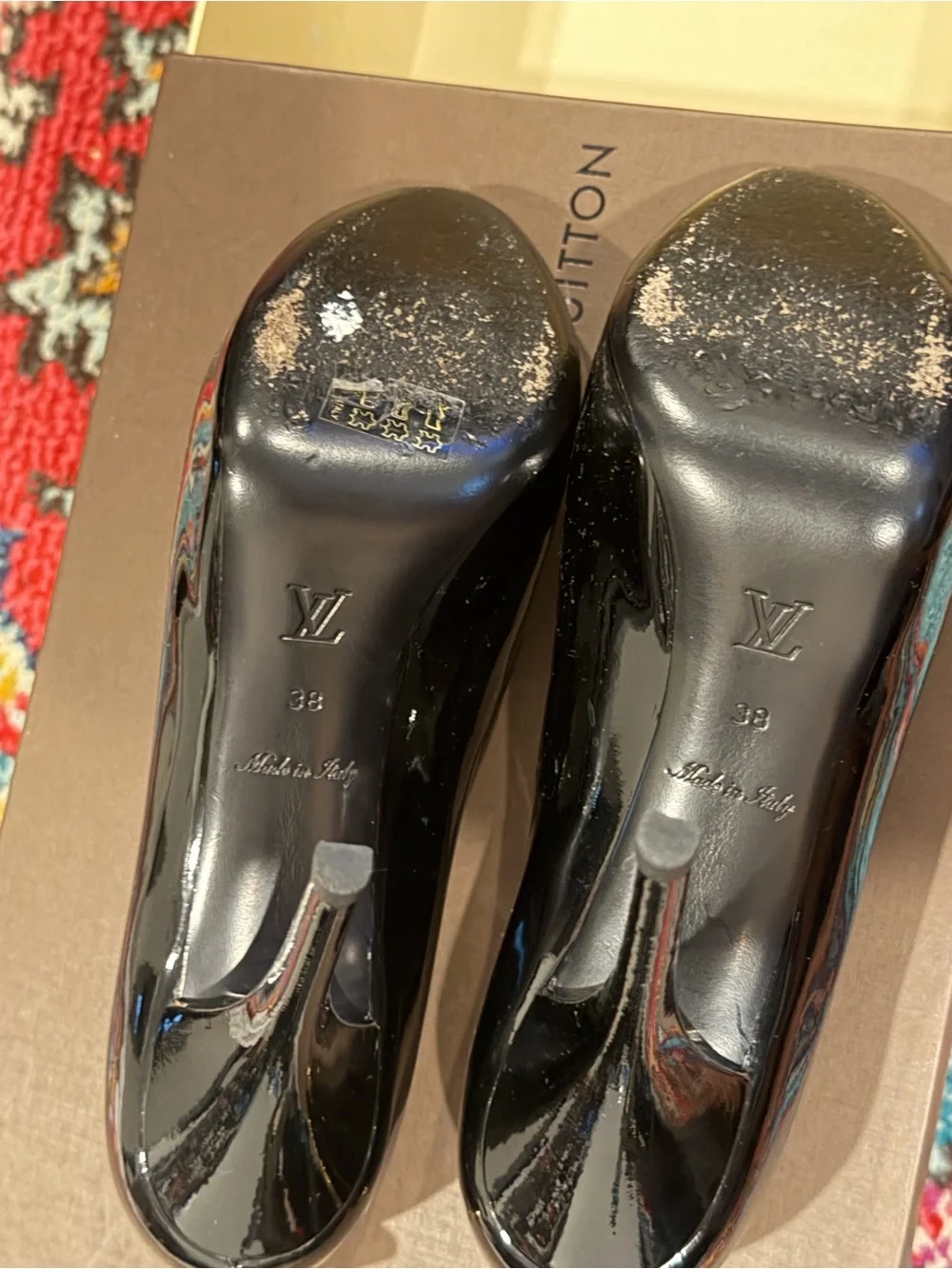 Louis Vuitton Black Patent Peep open Toe Pumps with Gold Accent